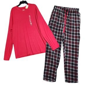Cuddl Duds Pajama Set Long‎ Sleeve V Neck T-Shirt Fleece Pants Red Black Plaid